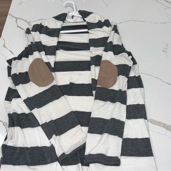 Honey Punch Striped Open Front Cardigan Elbow Patch Large - Picture 3 of 7